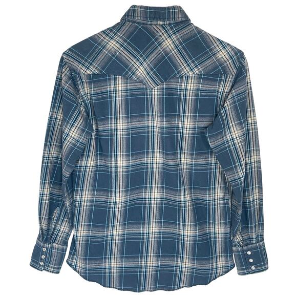 WRANGLER Men’s Blue Plaid Flannel Western Snap Front Shirt Medium - Picture 5 of 5